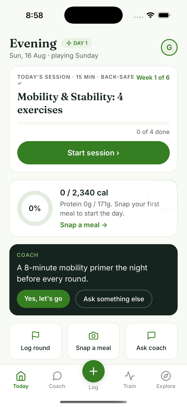MGE Coach app - the Today screen with your daily plan